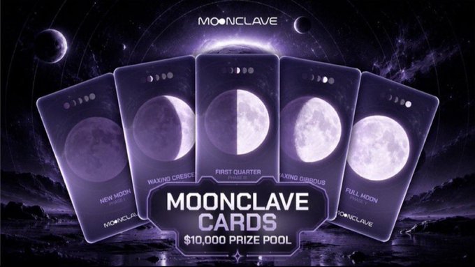 A promotional image displays five Moonclave Cards fanned out, each featuring a different lunar phase—New Moon, Waxing Crescent, First Quarter, Waxing Gibbous, and Full Moon—set against a starry cosmic background. The text highlights a "$10,000 PRIZE POOL" and the Moonclave brand, visually representing the Web3 identity platform's thematic connection to moon phases as a metaphor for evolving digital personas beyond simple wallet addresses.