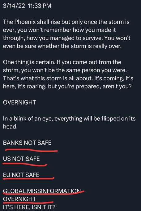 A dark-mode screenshot dated “3/14/22 11:33 PM” contains a passage warning that “The Phoenix shall rise” after a storm, followed by “OVERNIGHT,” “BANKS NOT SAFE,” “US NOT SAFE,” “EU NOT SAFE,” “GLOBAL MISINFORMATION,” and “IT’S HERE, ISN’T IT?” Several phrases are underlined in red. The post connects the image’s warnings about a coming crash and reset with blockchain and “$XRP.”