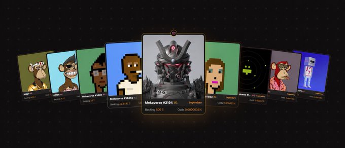 A cryptocurrency NFT collection display showing pixelated characters including Bored Apes, CryptoPunks, and a featured Mechaverne #2194 Legend card against a starry background.
