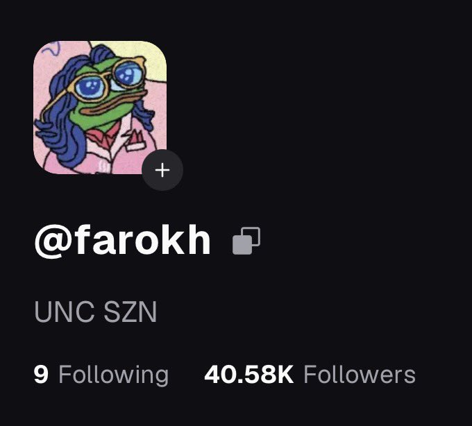 A social media profile for "@farokh" featuring a Pepe frog avatar wearing sunglasses, displaying 40.58K followers and the bio "UNC SZN." The post celebrates reaching 40,000 followers on Pumpfun, aligning with the profile's current follower count just above that milestone.