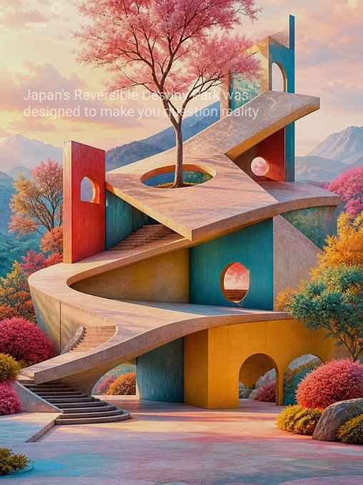 A surreal architectural illustration of Japan's Reversible Destiny Park with colorful, curving structures and a tree growing through it, captioned 'Japan's Reversible Destiny Park was designed to make you question reality.'