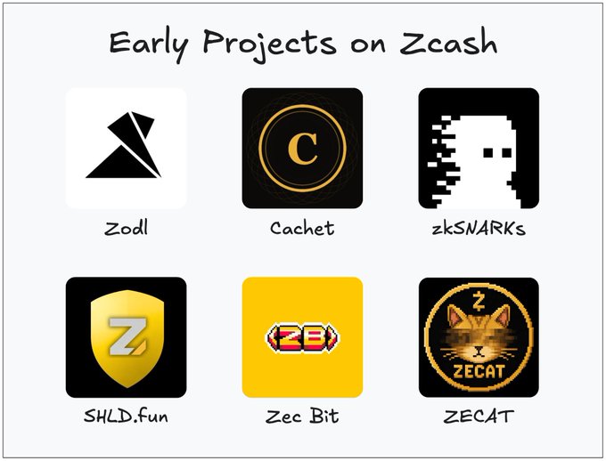 A collage titled "Early Projects on Zcash" displays six logos for ZEC-related projects: Zodl, Cachet, zkSNARKs, SHLD.fun, Zec Bit, and ZECAT. The image visually reinforces the post's bullish thesis on $ZEC by showcasing the diverse ecosystem of early-stage projects being built on the Zcash blockchain.
