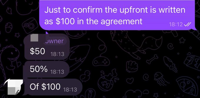 A text message screenshot showing someone confirming '$100 in the agreement' with replies of '$50', '50%', and 'Of $100' from the owner.