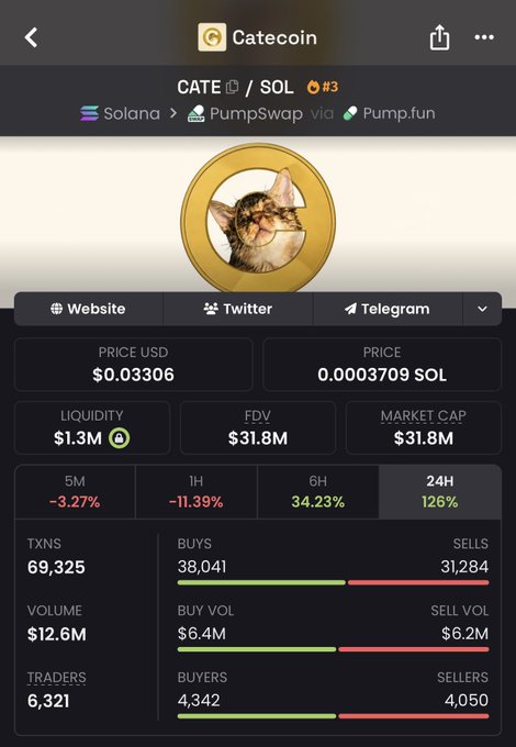 This image shows a CATEcoin (CATE/SOL) token page on the Solana blockchain via PumpSwap and Pump.fun, displaying a price of $0.03306, market cap of $31.8M, and notable 24H price increase of 126%. The bullish performance metrics shown—particularly the strong gains across all timeframes (5M, 1H, 6H, 24H) and active trading volume—support the post's optimistic claim that CATE could reach a $1B market cap by early 2027.