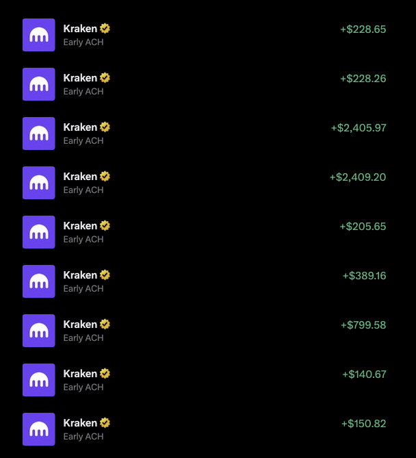 A screenshot showing multiple successful "Early ACH" deposits from Kraken to XMoney, with transaction amounts including $228.65, $228.26, $2,405.97, $2,409.20, $205.65, $389.16, $799.58, $140.67, and $150.82, illustrating the fast ACH transfer capabilities being praised in the post.