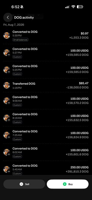 A mobile app screenshot displays 'DOG activity' for Friday, August 7, 2026, showing a list of transactions including 'Converted to DOG' and 'Transferred DOG' with various USD and DOG amounts, along with 'Sell' and 'Buy' buttons at the bottom.