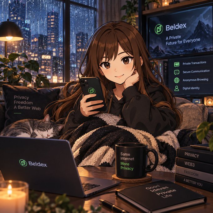 An anime-style promotional image for Beldex featuring a girl with a phone, a cat, a laptop with the Beldex logo, and text including 'A Private Future for Everyone', 'Privacy Freedom A Better Web', and 'Same Internet More Privacy'.