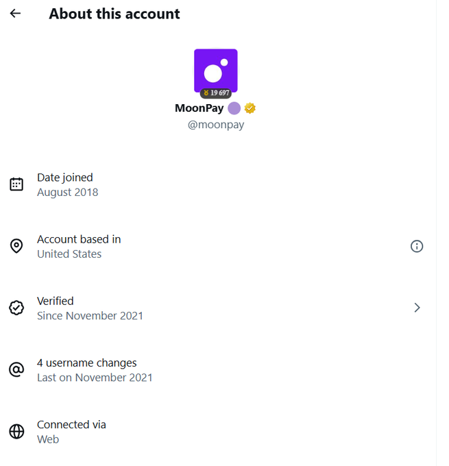 A profile info screen for the X/Twitter account @moonpay, showing it has 19,697 followers, is based in the United States, was verified since November 2021, and is connected via Web.