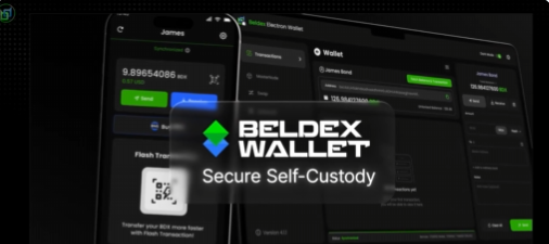 A promotional image for 'BELDEX WALLET' highlighting 'Secure Self-Custody' with a QR code and screenshots of the app interface showing balances and transactions.