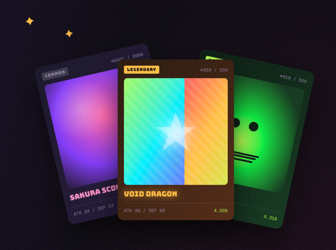 A 3D rendering of three trading cards on a dark background, featuring a 'LEGENDARY' card titled 'VOID DRAGON' with rainbow stripes and a star, a 'COMMON' card titled 'SAKURA SCOP', and a green card with the number '5'.