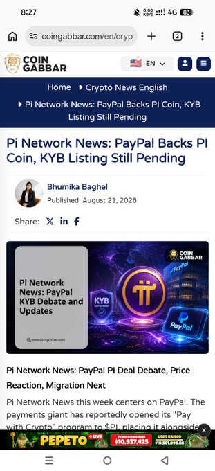A screenshot of a Coin Gabbar article titled "Pi Network News: PayPal Backs Pi Coin, KYB Listing Still Pending," authored by Bhumika Baghel and dated August 21, 2026, alongside a post urging users to wait for official Pi Core Team confirmation before trusting PayPal's Pi listing until KYB verification is finalized. The image visually supports the cautionary stance by highlighting that the PayPal-Pi integration remains unconfirmed pending official KYB validation.