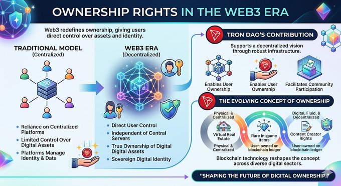 The image is a visual representation of the concept introduced by Web3, which revolves around ownership rights. It highlights new ways of thinking about ownership compared to traditional centralized platforms where users have limited control over their assets and digital identities. The image shows various people interacting with these new models through three different circles, symbolizing the evolving nature of ownership in this context.