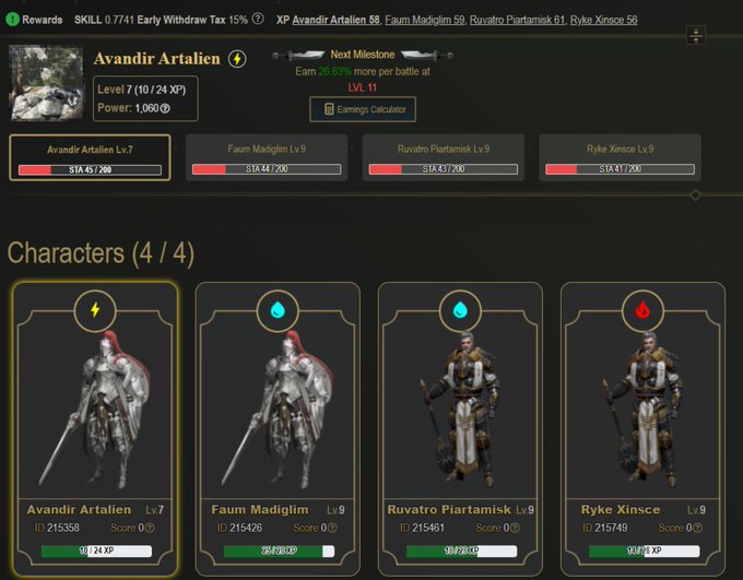 A video game interface screen displays character information for "Avandir Artalien" at Level 7, along with four character portraits including "Faum Madglim," "Ruvarto Piartamisk," and "Ryke Xinsce," all at Level 9.