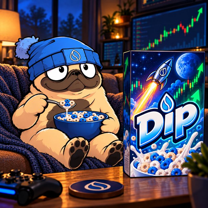 A cartoon pug wearing a blue "Sui" beanie sits on a couch eating a bowl of "Dip" cereal alongside a matching box, referencing the $pugwif @SuiPugwif memecoin on the Sui blockchain. The background screens displaying upward-trending green candlestick charts visually reinforce the optimistic "stack your bags" trading sentiment of the post.