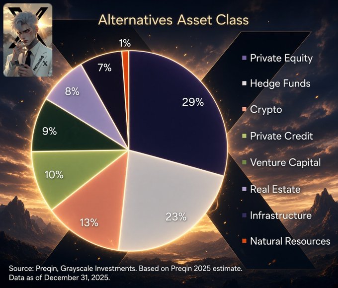 The image is a pie chart titled "Alternatives Asset Class" showing the allocation of alternative investments: Private Equity (29%), Hedge Funds (23%), Crypto (13%), Venture Capital (10%), Real Estate (9%), Private Credit (8%), Infrastructure (7%), and Natural Resources (1%), based on Preqin 2025 data as of December 31, 2025.

The chart illustrates the breakdown of alternative asset classes, supporting the post's point that younger investors (20-40) are increasingly turning to alternatives like crypto (13% allocation) rather than relying solely on traditional banking and stock market investments.