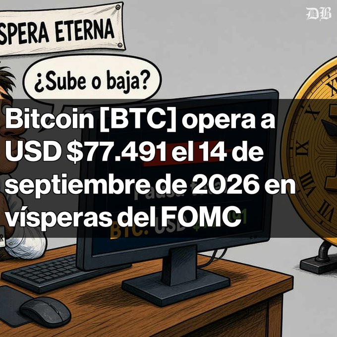 A cartoon-style illustration of a man at a computer monitor with a Bitcoin coin, featuring Spanish text stating 'Bitcoin [BTC] opera a USD $77.491 el 14 de septiembre de 2026 en vísperas del FOMC'.