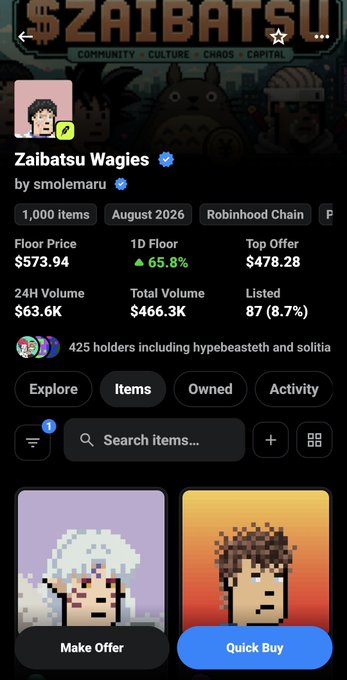 A screenshot of the OpenSea app displaying the "Zaibatsu Wagies" NFT collection by smolemaru on the Robinhood Chain, showing a floor price of $573.94, 1,000 items, and 425 holders, with pixel art characters available for "Make Offer" or "Quick Buy." This showcases the polished and visually appealing interface praised in the post about OpenSea's beautifully coordinated design.