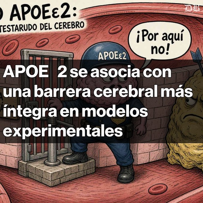 A cartoon illustration depicting a brain-like character wearing a police uniform and helmet labeled 'APOEε2', standing in front of a jail cell, with the text 'APOE 2 se asocia con una barrera cerebral más íntegra en modelos experimentales' overlaid on the image.