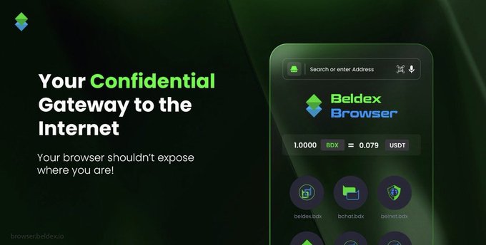 Promotional graphic for Beldex Browser featuring the tagline "Your Confidential Gateway to the Internet — Your browser shouldn't expose where you are!", alongside a browser interface displaying a BDX to USDT exchange rate (1.0000 BDX = 0.079 USDT) and shortcuts to beldex.bdx, bchat.bdx, and belnet.bdx, reinforcing the privacy-first messaging in the post.