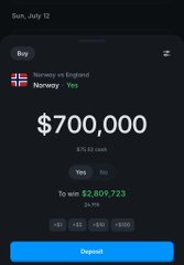 A mobile screenshot of a Polymarket trading interface showing a "Buy" order for $700,000 on "Norway vs England," with a total cost of $2,806,723 at $1.02 odds, humorously illustrating the user's self-deprecating "donation" of $700,000 (plus $2.1M) to the prediction market platform over recent trades.