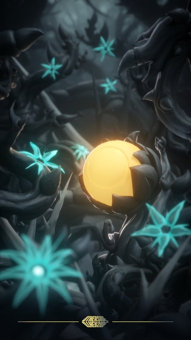 A glowing golden orb held aloft by dark, twisted thorns and roots, surrounded by eerie teal flowers in a corrupted forest. The image visually embodies the Thornwood environment described in the post—a mutated, overgrown hostile realm where decay has taken on a sinister, sentient life of its own.