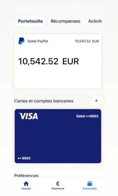 The image shows a PayPal wallet displaying a balance of 10,542.52 EUR along with a Visa debit card ending in 9003. This relates to the post's message by visually demonstrating someone who has over $10k saved, suggesting they're among those for whom that amount may not be considered "a lot of money."