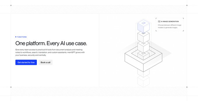 A clean, modern web design mockup featuring the heading 'One platform. Every AI use case.' under a 'FUNCTIONS' label, with 'Get started for free' and 'Book a call' buttons alongside a 3D diagram labeled 'AI IMAGE GENERATION'.