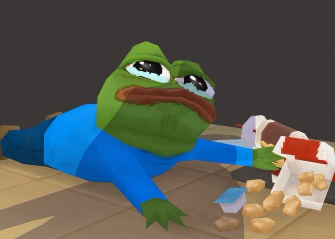 A low-poly 3D rendering of a sad-looking Pepe the Frog character lying on a wooden floor next to scattered food items and a small box.