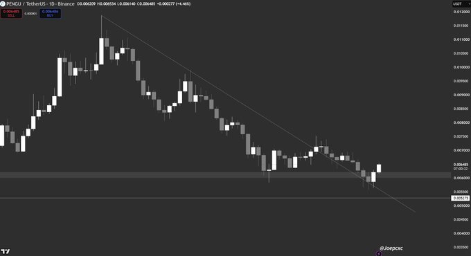 A candlestick chart of PENGU/USDT on the 1-day Binance timeframe shows a downtrend along a descending trendline, with the price near the support level at $0.00277 and a recent low of $0.00480, reflecting the "spicy" volatile price action mentioned in the post.