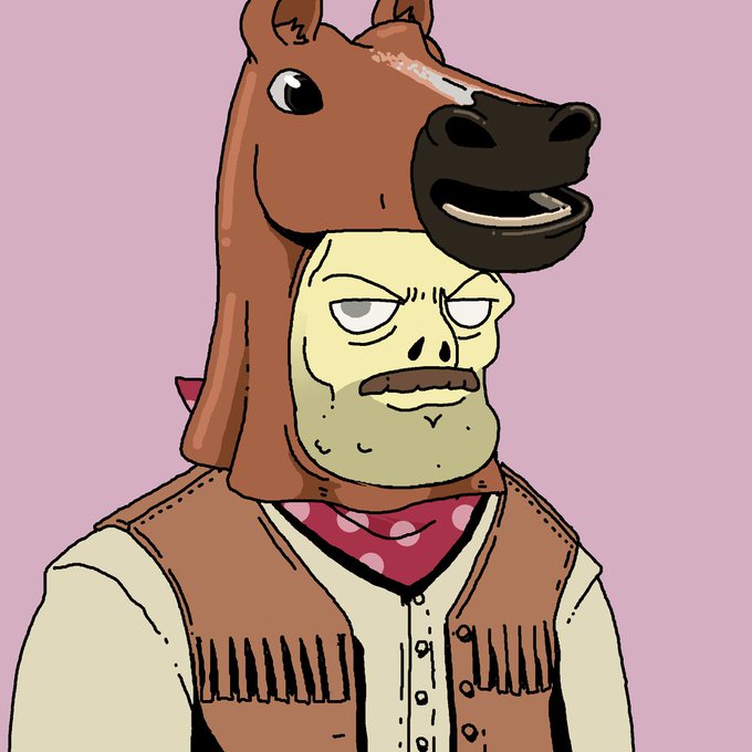 A cartoon illustration of a character wearing a brown horse mask over a cowboy outfit, with an angry facial expression visible below the mask against a pink background.