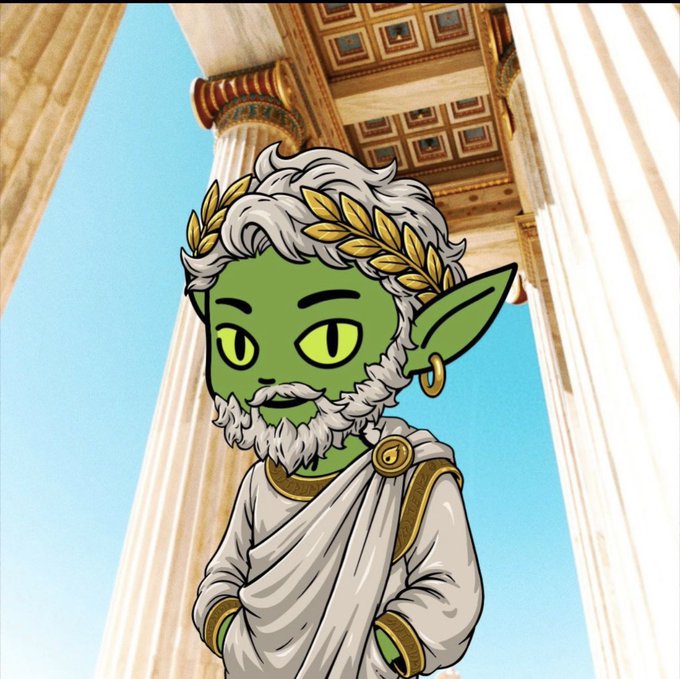 A cartoon illustration of a green-skinned, elf-like philosopher wearing a white toga and a golden laurel wreath stands among classical Greek columns.
