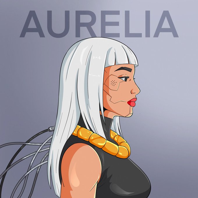 An illustrated profile of a white-haired cyberpunk woman with cybernetic facial features labeled 'AURELIA'.
