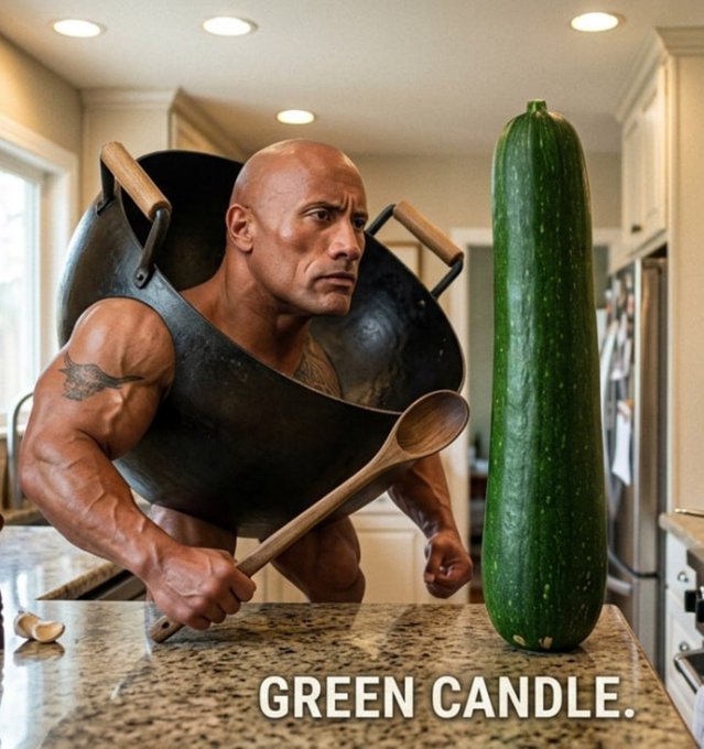 A muscular bald man wearing a wok as armor stands in a kitchen, glaring at a massive green cucumber while wielding a wooden spoon, with the caption "GREEN CANDLE." displayed below.