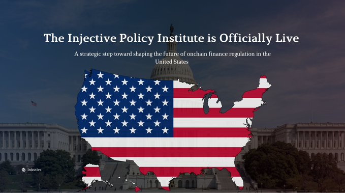 The image features an American flag with the text "The injective Policy Institute is officially live" written above it, along with a map of the United States. The caption below the image reads "In my opinion, this is one of the most important strategic moves Injective has made so far".