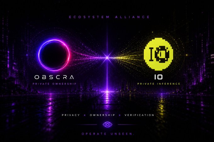 The image features two logos side by side against a dark purple background with neon lights. The logo for Obscra is positioned above the other logo, which displays the text "IO 10" below it. Both logos are set against a black background that highlights their colors and shapes.