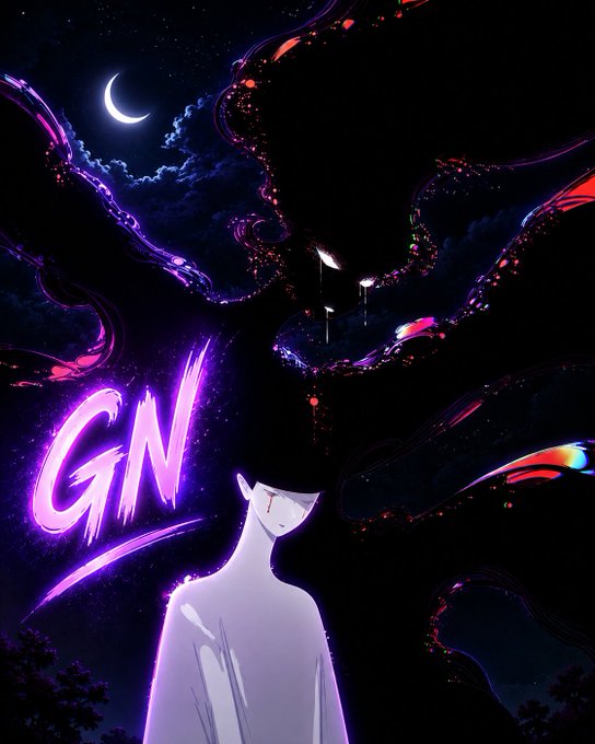 An anime-style illustration of a girl in a white shirt with flowing purple hair against a starry night sky with a crescent moon, featuring the glowing pink text 'GN' (Good Night).