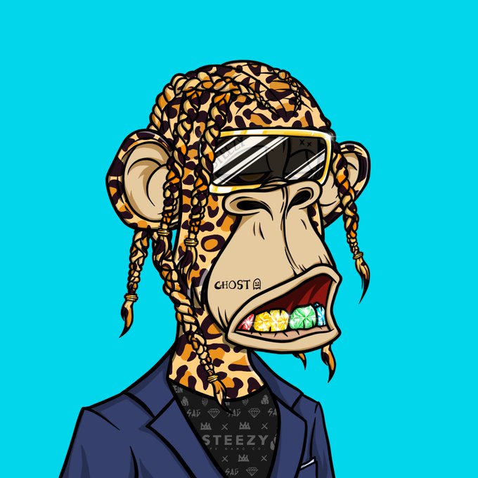 Digital illustration of a Bored Ape-style NFT character with leopard print, braids, and reflective ski goggles, wearing a blazer over a t-shirt labeled 'STEEZY'.