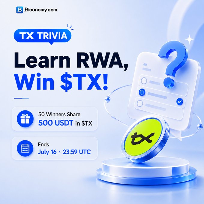 Biconomy.com advertisement for a 'TX TRIVIA' contest where players can learn RWA and win $TX, with 50 winners sharing 500 USDT and the contest ending July 16 at 23:59 UTC.