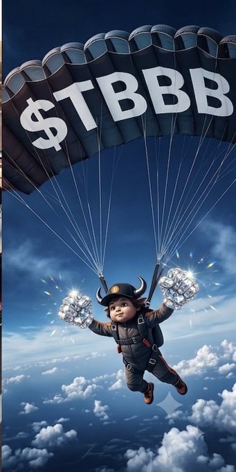 A baby in a Viking-style outfit descends via parachute labeled "$TBBB" while clutching sparkling diamond-encrusted gauntlets, visualizing the post's humorous claim of "catching" the $TBBB airdrop mid-fall through the clouds.