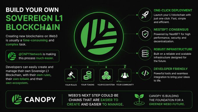 The image shows a poster or infographic that explains how to build your own Sovereign L1 Blockchain using Web3 technology. It features a green logo with vertical stripes and the words "Build Your Own" in bold black text at the top, along with a list of instructions on what's needed for building the blockchain ecosystem. Below this, there are illustrations depicting different aspects of the process such as creating blockchains, managing tokens, and setting up a web3 network. The poster emphasizes that web3 developers can create their own Sovereign L1 Blockchain, allowing them to build and manage their own blockchain system with ease.