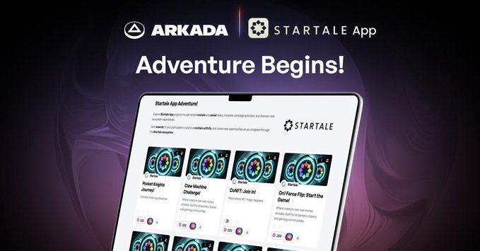 Promotional image featuring the "ARKADA | STARTALE App" branding and the headline "Adventure Begins!" above a mockup of the Startale App Adventure interface, displaying onchain quests like "Peanut Knights Journey," "Clue Machine Challenge," "GUNK7: Job Io!" and "Doll Grace Hip: Start the Game!"—supporting the post's announcement of the live Startale App Adventure campaign on Arkada.