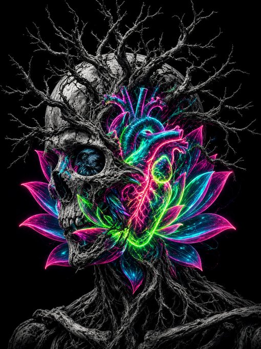 Stylized digital art of a grey skull enveloped in glowing neon pink, blue, and green roots and flower petals.