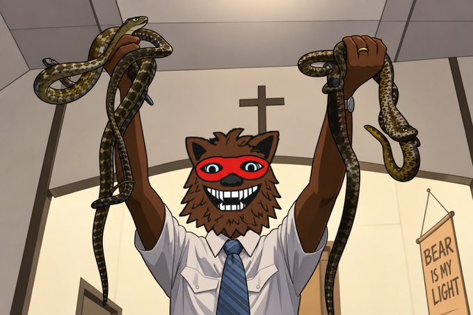 A cartoon illustration depicts a smiling bear character wearing a red mask, white shirt, and blue tie, holding up two snakes in what appears to be a church setting, with a banner reading 'BEAR IS MY LIGHT' in the background.