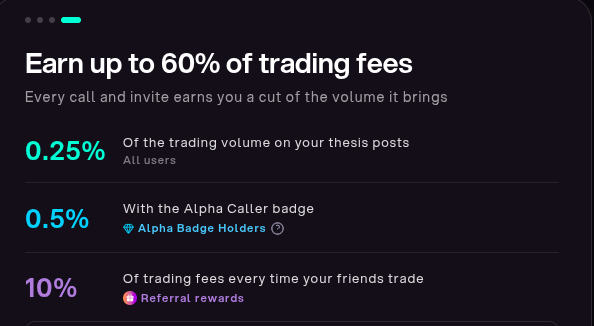 A dark-themed interface reads 'Earn up to 60% of trading fees' with tiers showing '0.25%', '0.5%' with an 'Alpha Badge Holders' shield, and '10% Referral rewards'.