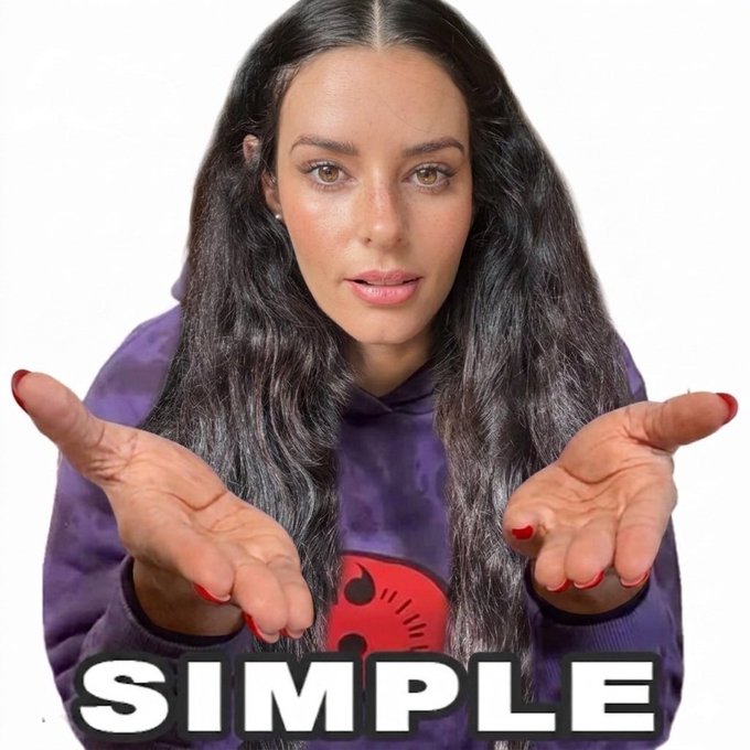 The image shows a woman with long dark hair wearing a purple tie-dye hoodie, shrugging with her hands raised palms-up and wearing red nail polish. The word "SIMPLE" is displayed in bold white text at the bottom, which directly reinforces the post's message that holding less than 5 BTC disqualifies someone from contacting her.