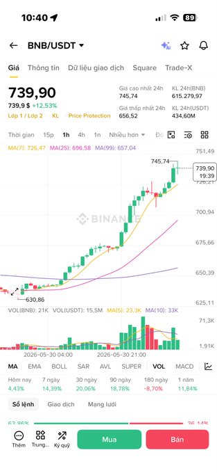 The image shows a mobile phone screen with a stock chart displaying fluctuating prices for various stocks or assets. The user's attention has been captured by the rise of a specific stock. A quote that says "BNB unexpectedly rises on the network. I will wait to see, follow along" is also displayed in the image. The focus here is on the fluctuating stock values and how they are related to the quote about BNB.