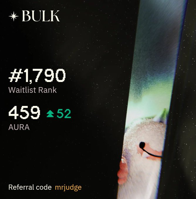 A dark promotional graphic with the 'BULK' logo, showing a waitlist rank of '#1,790', '459 AURA' with a green up arrow and '52', and a referral code 'mrjudge', featuring a partial image of a character on the right.