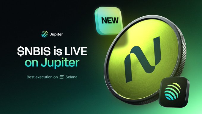 A promotional graphic announces "$NBIS is LIVE on Jupiter" with the tagline "Best execution on Solana," featuring a large green coin displaying the Nebius "N" logo alongside Jupiter's branding and a "NEW" badge. The image visually reinforces the post's announcement that Nebius Tokenized Stock ($NBIS) has launched on Jupiter via Sunrise on the Solana network.