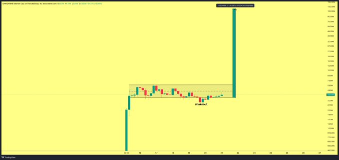A yellow-background trading chart shows a sharp price decline followed by choppy sideways action and a sudden late spike, aligning with the post “$DAWG PUMP LOADINGGGG.” A small “theBrd” label is visible near the middle of the chart, though most axis numbers and chart text are too small to read clearly.