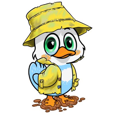 A cute cartoon duck wearing a yellow fishing hat and vest stands in a small mud puddle, playing into the "Long live @mistonchain" message as a playful mascot representing the Miston Chain community.